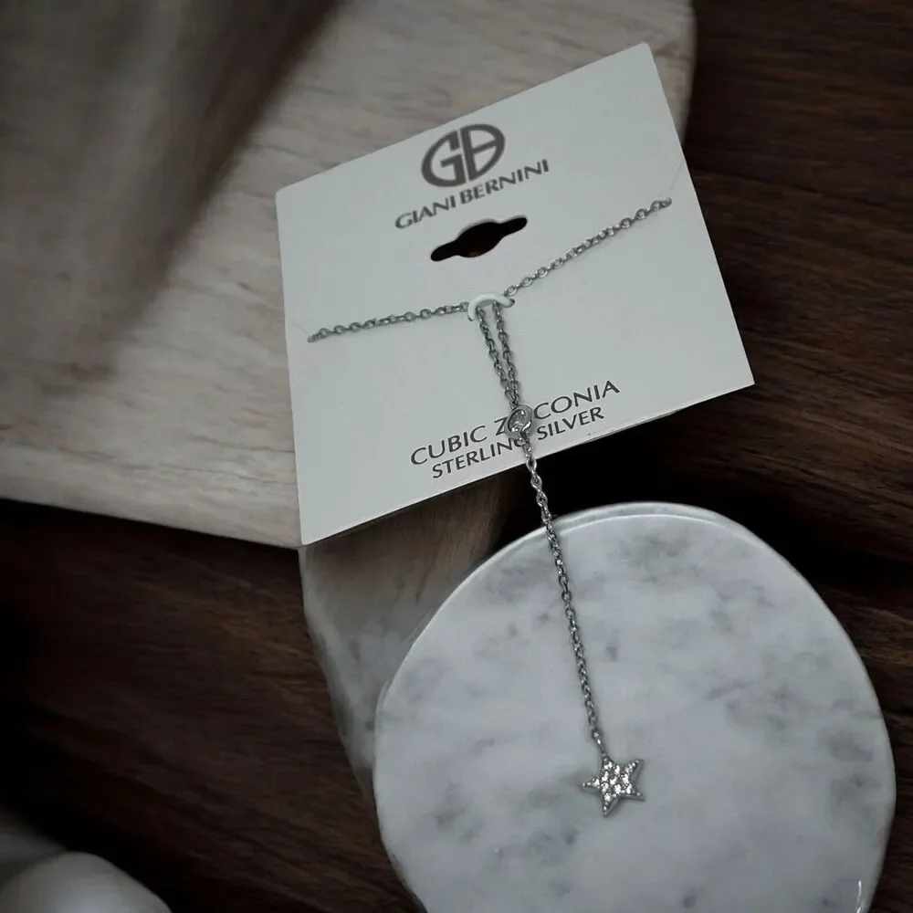 Sterling Silver Chain Drop CZ Necklace Star Pendant Chic Shiny Style Trendy NEW